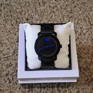 MOVADO BOLD BLACK BAND BLACK FACE BLUE DIAL WATCH